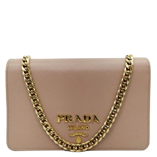 PRADA Soft Calfskin Saffiano Leather Chain Shoulder Bag Cipria