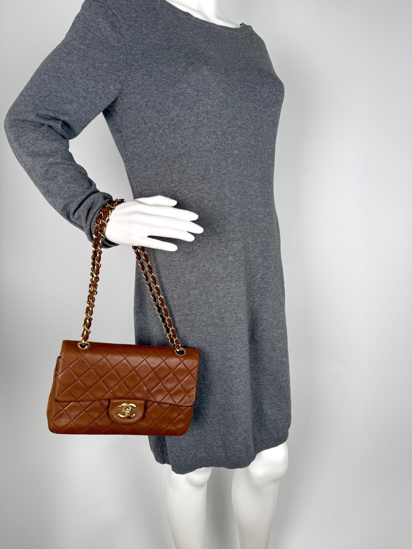 Chanel Brown Small Lambskin Quilted Leather Gold Hardware Double Flap Shoulder Bag