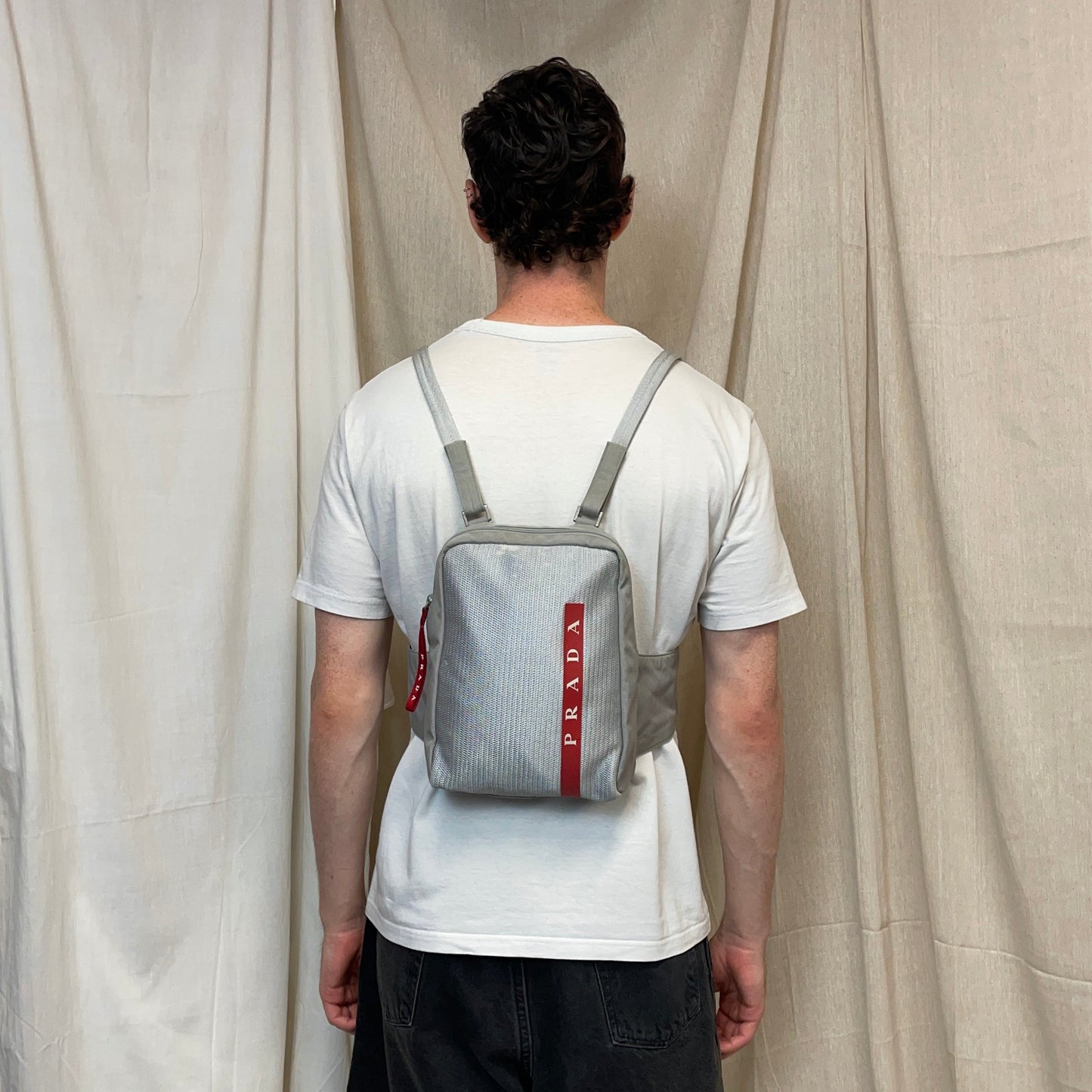 Prada Sport Grey 1999 Nylon Mesh Harness Backpack Spellout Bag