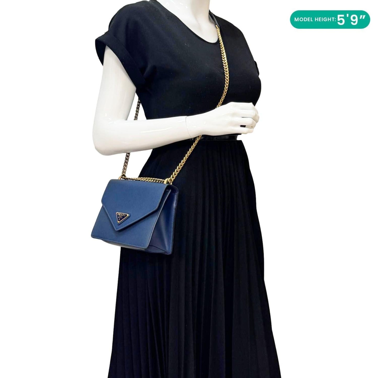 PRADA Metal Triangle Envelope Saffiano Leather Chain Shoulder Bag Blue