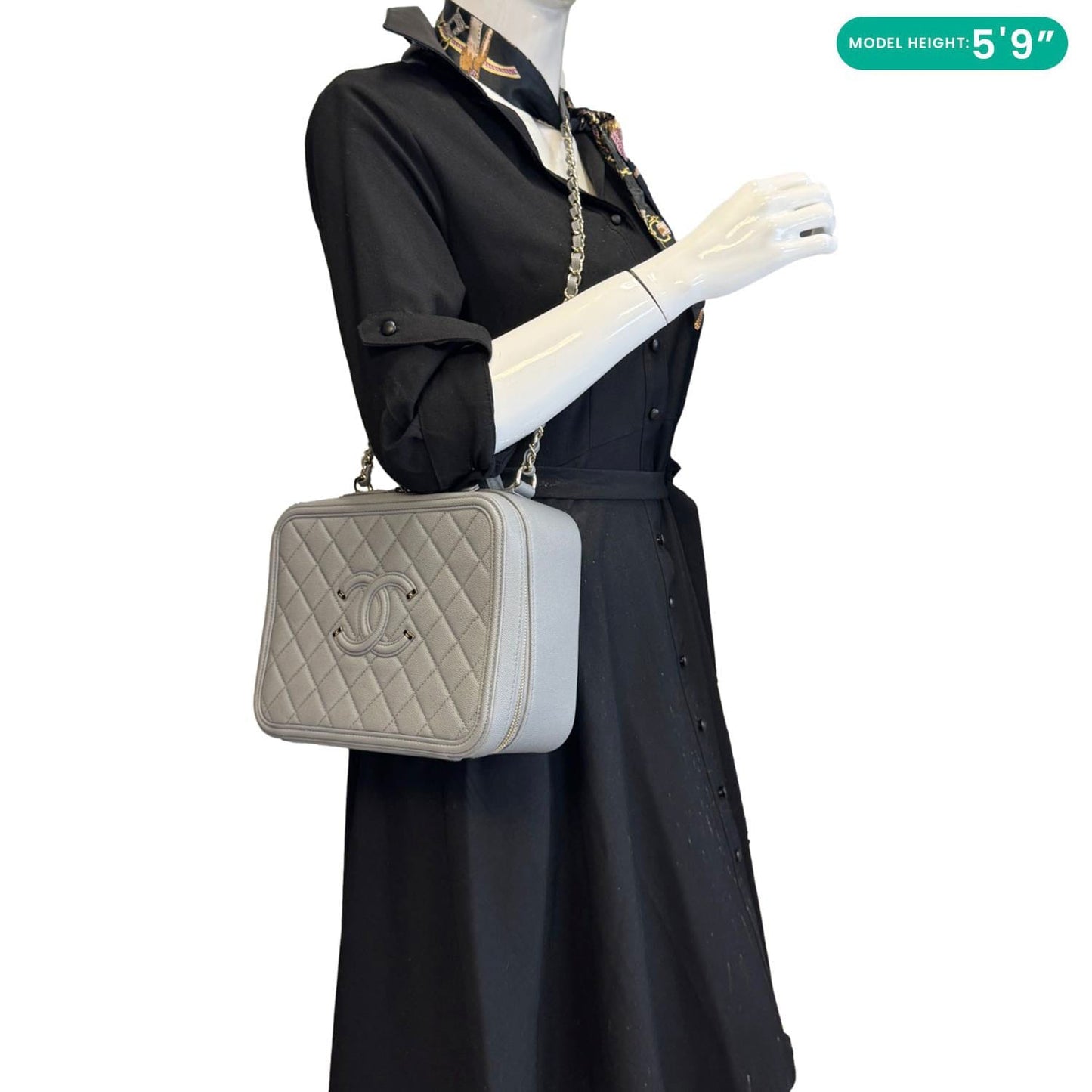 CHANEL Vanity Case Filigree CC Large Caviar Quilted Shoulder Bag Grey