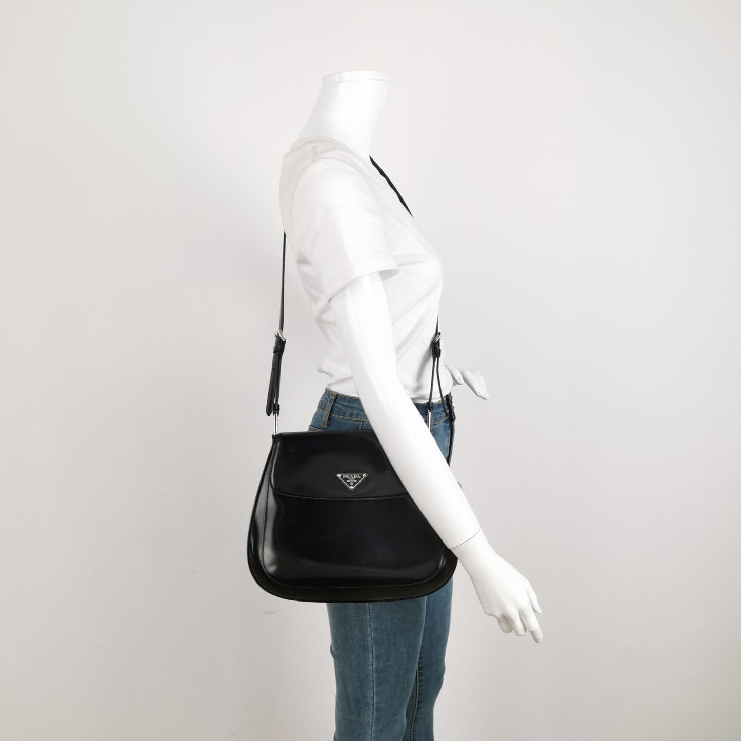 Prada Cleo Flap Medium Black Brushed Leather Crossbody Bag