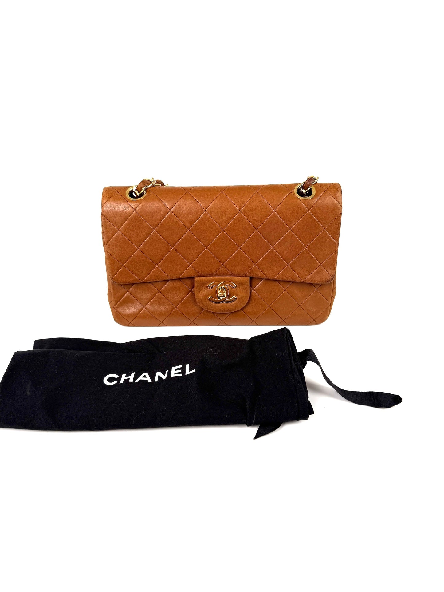 Chanel Brown Small Lambskin Quilted Leather Gold Hardware Double Flap Shoulder Bag