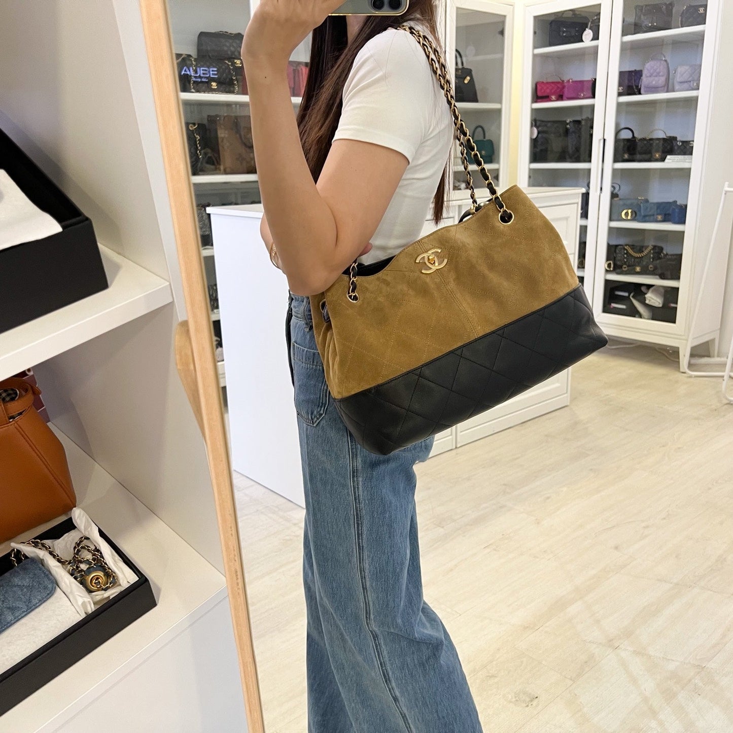 Chanel 25A Two-Tone Tote Bag in Light Brown Suede, Black Calfskin and AGHW