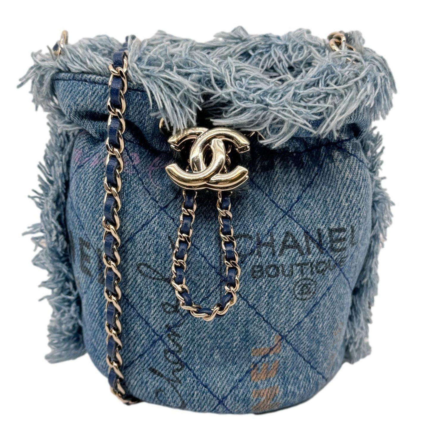 CHANEL Mood Mini Quilted Denim Bucket Bag Blue