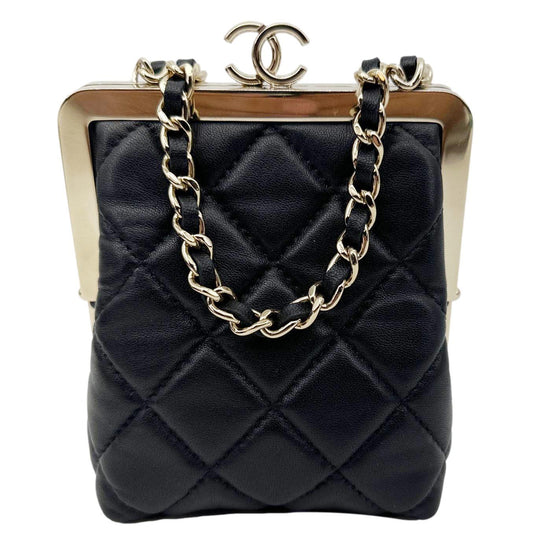 CHANEL Kisslock Logo Lambskin Quilted Leather Chain Clutch Shoulder Bag Black