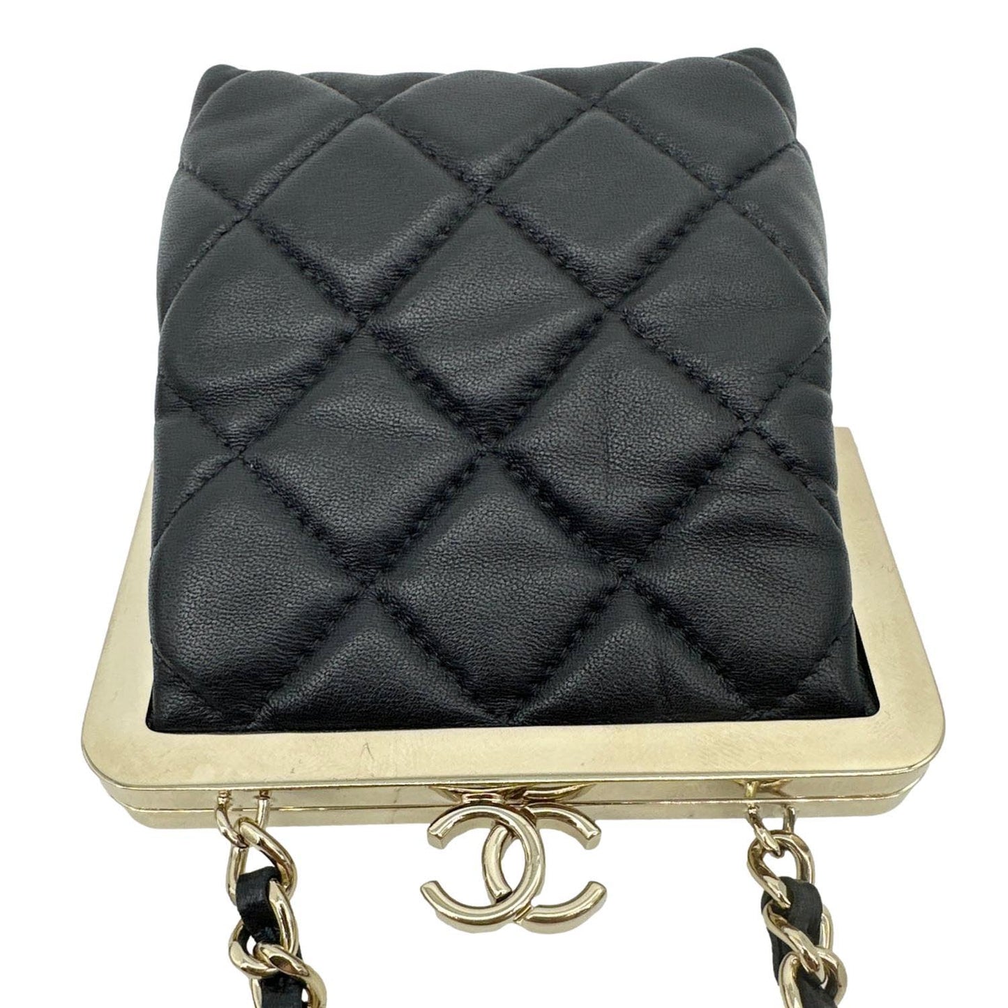 CHANEL Kisslock Logo Lambskin Quilted Leather Chain Clutch Shoulder Bag Black