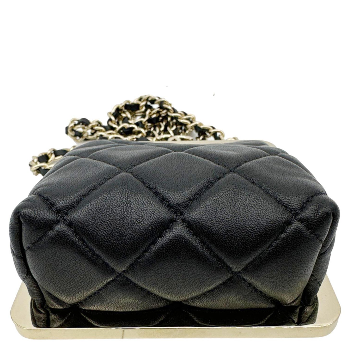 CHANEL Kisslock Logo Lambskin Quilted Leather Chain Clutch Shoulder Bag Black
