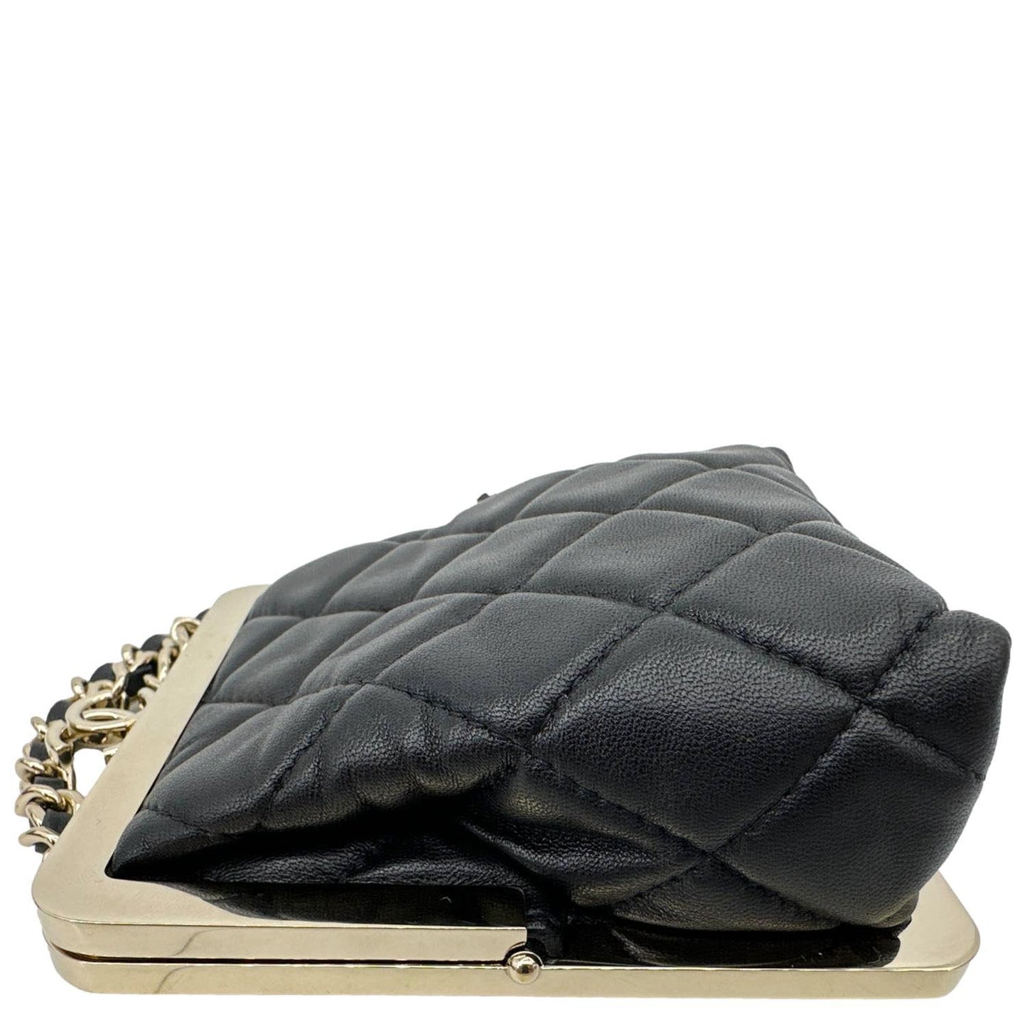 CHANEL Kisslock Logo Lambskin Quilted Leather Chain Clutch Shoulder Bag Black