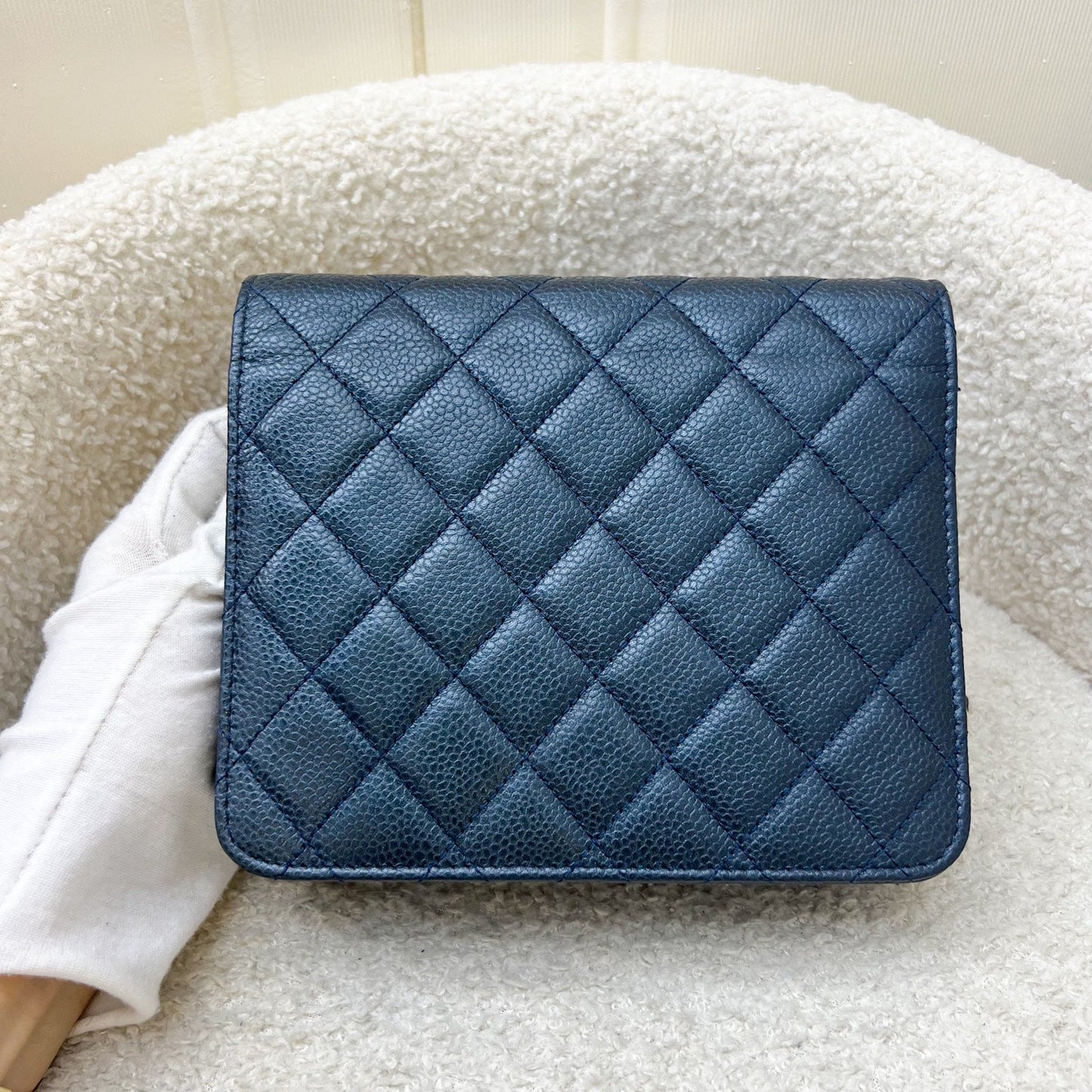 Chanel Square Wallet on Chain WOC in Metallic Blue Caviar and LGHW (Model: A84310) Crossbody