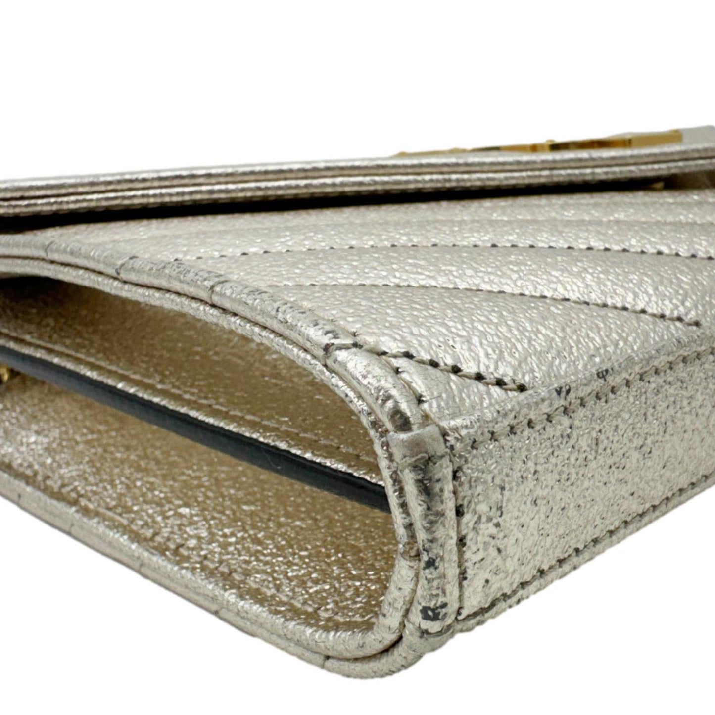 YVES SAINT LAURENT Cassandre Metallic Grain De Poudre Leather Shoulder Bag Silver