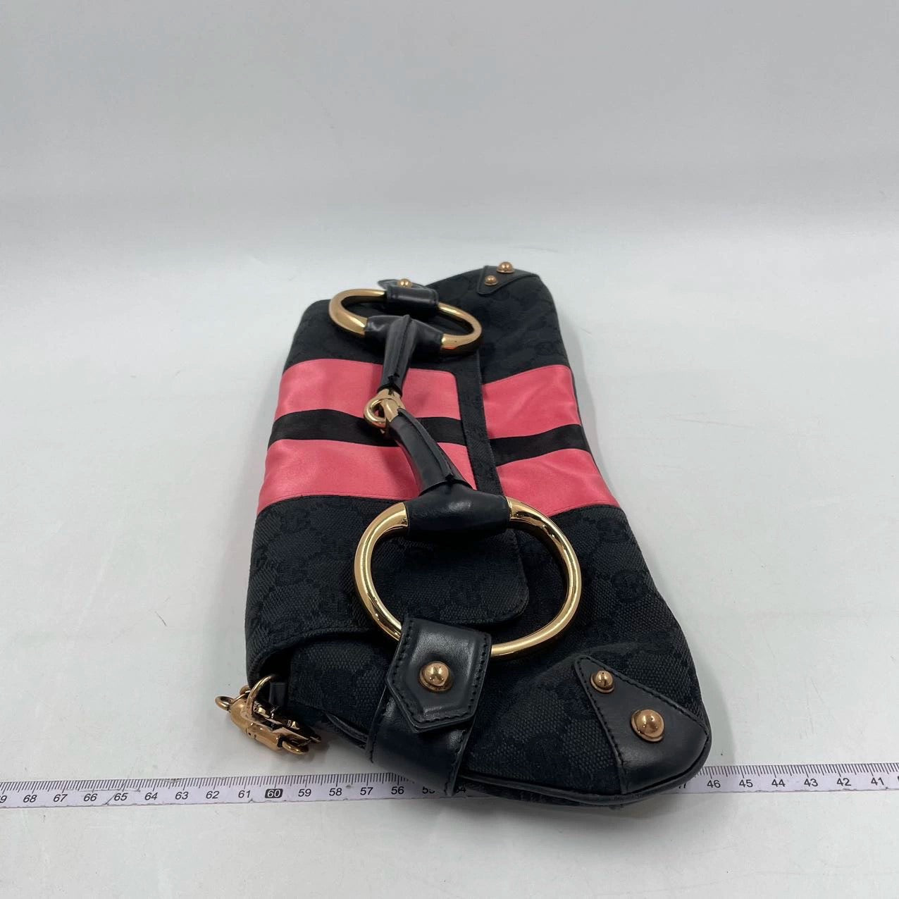 Gucci Horsebit 1955 Chain Large Shoulder Bag Black Monogram with Pink Silk