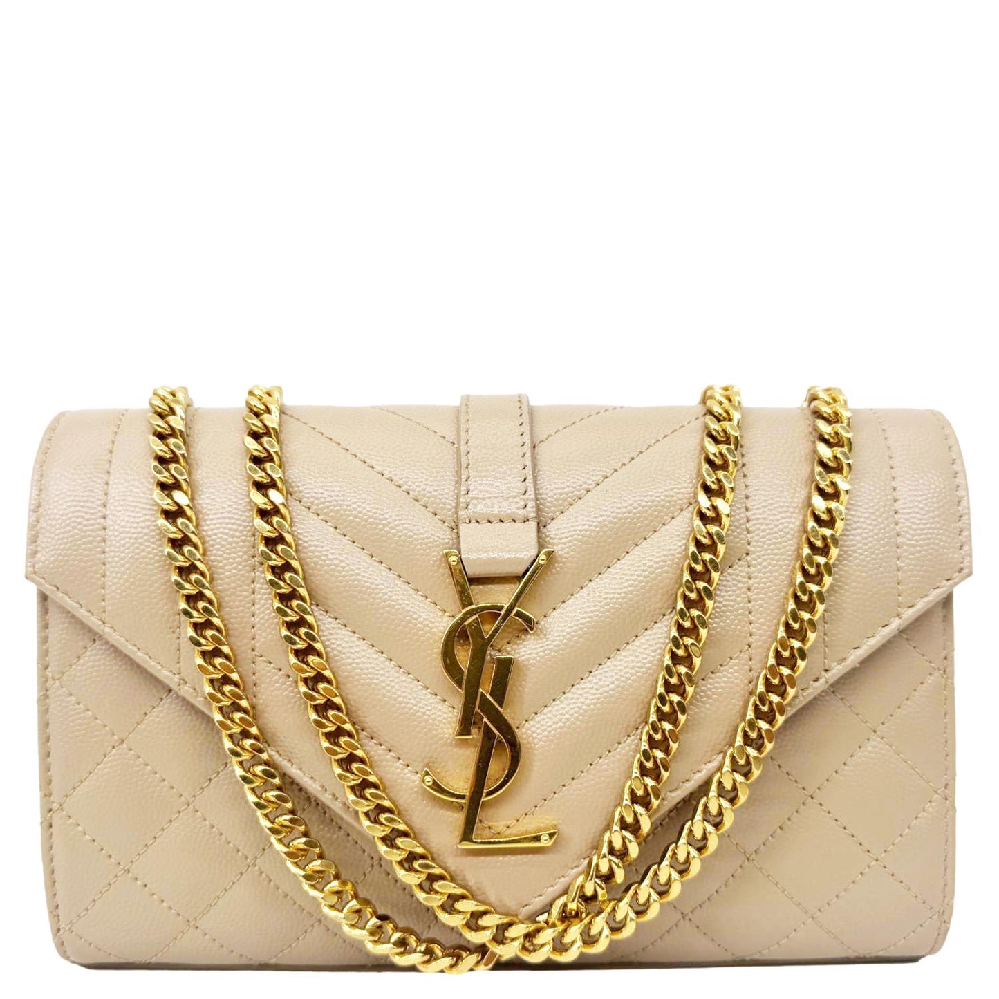 YVES SAINT LAURENT Envelope Monogram Mix Matelasse Leather Wallet on Chain Beige