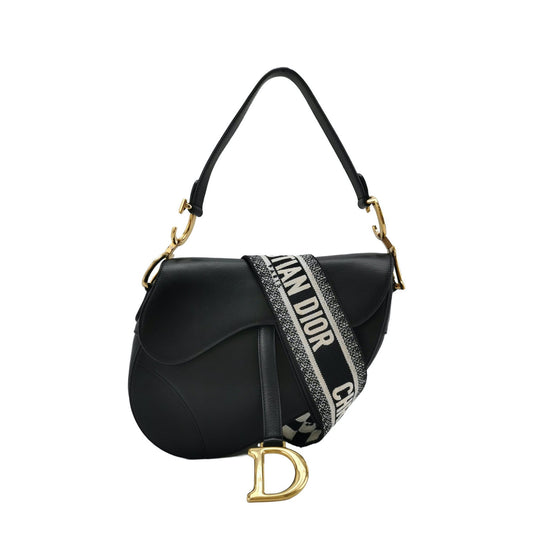 Dior Saddle Medium Black Smooth Leather with Strap
