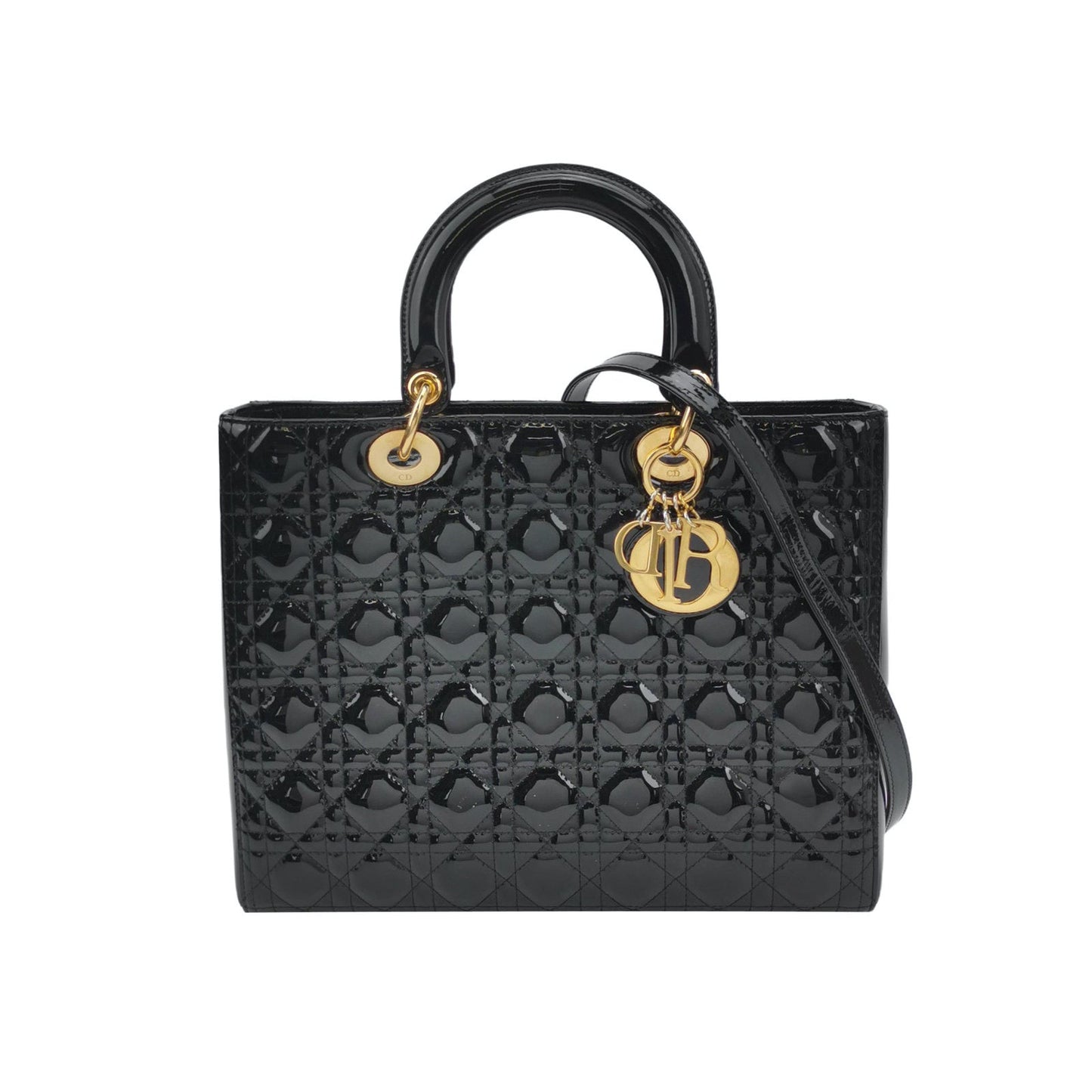 Lady Dior Large Black Patent Leather Handbag with Strap