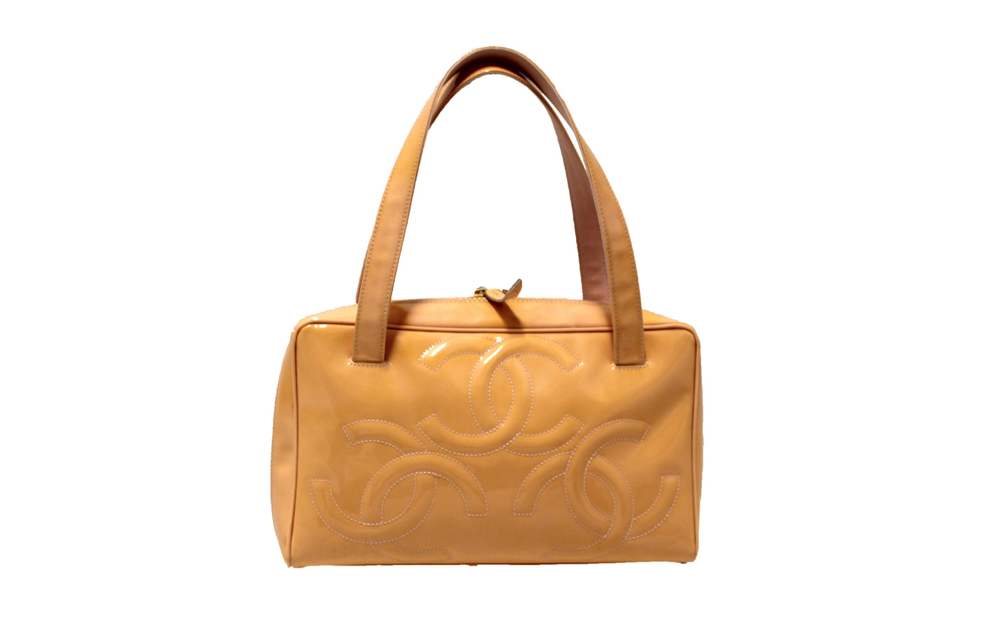 Chanel Beige Patent Leather Triple CC Logo Small Zippy Bag