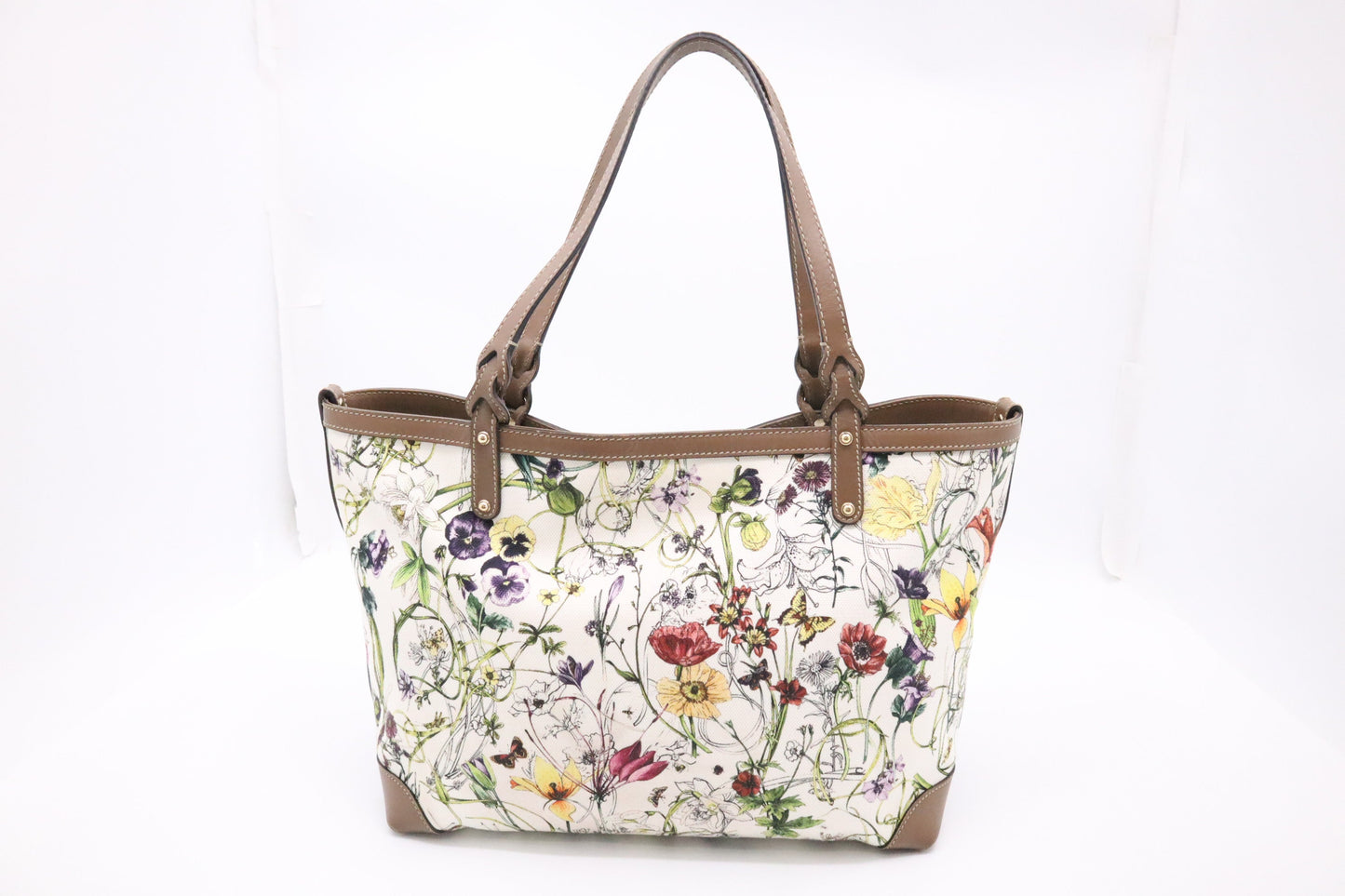 Gucci Tote in White Floral Canvas and Brown Leather