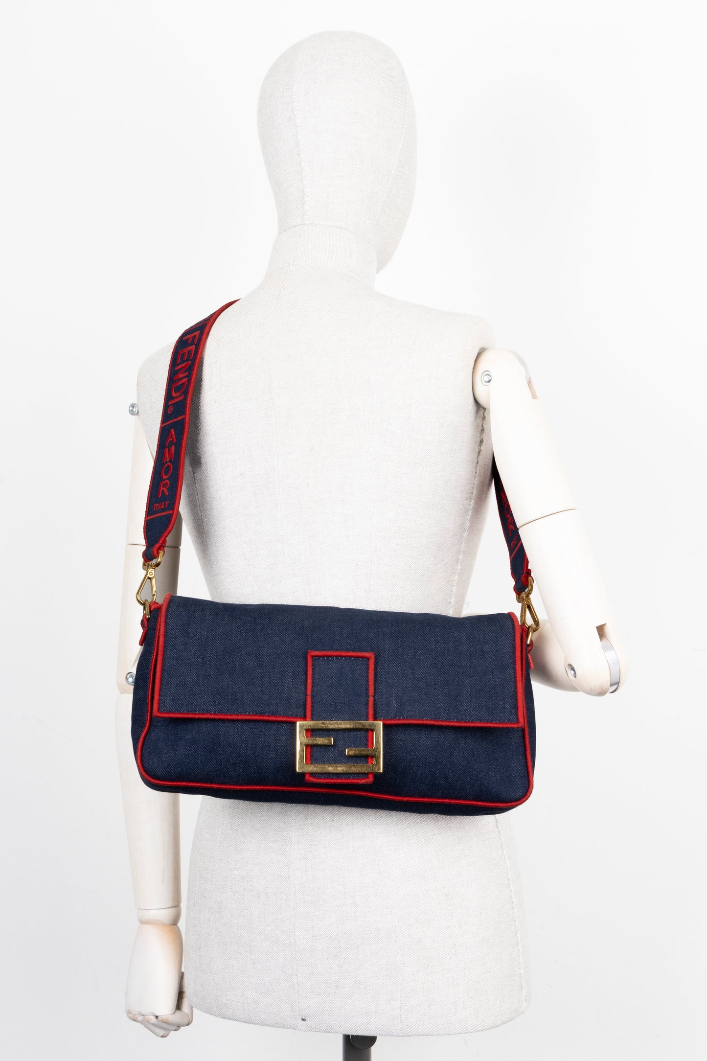 FENDI Large Baguette Crossbody Bag Denim Red