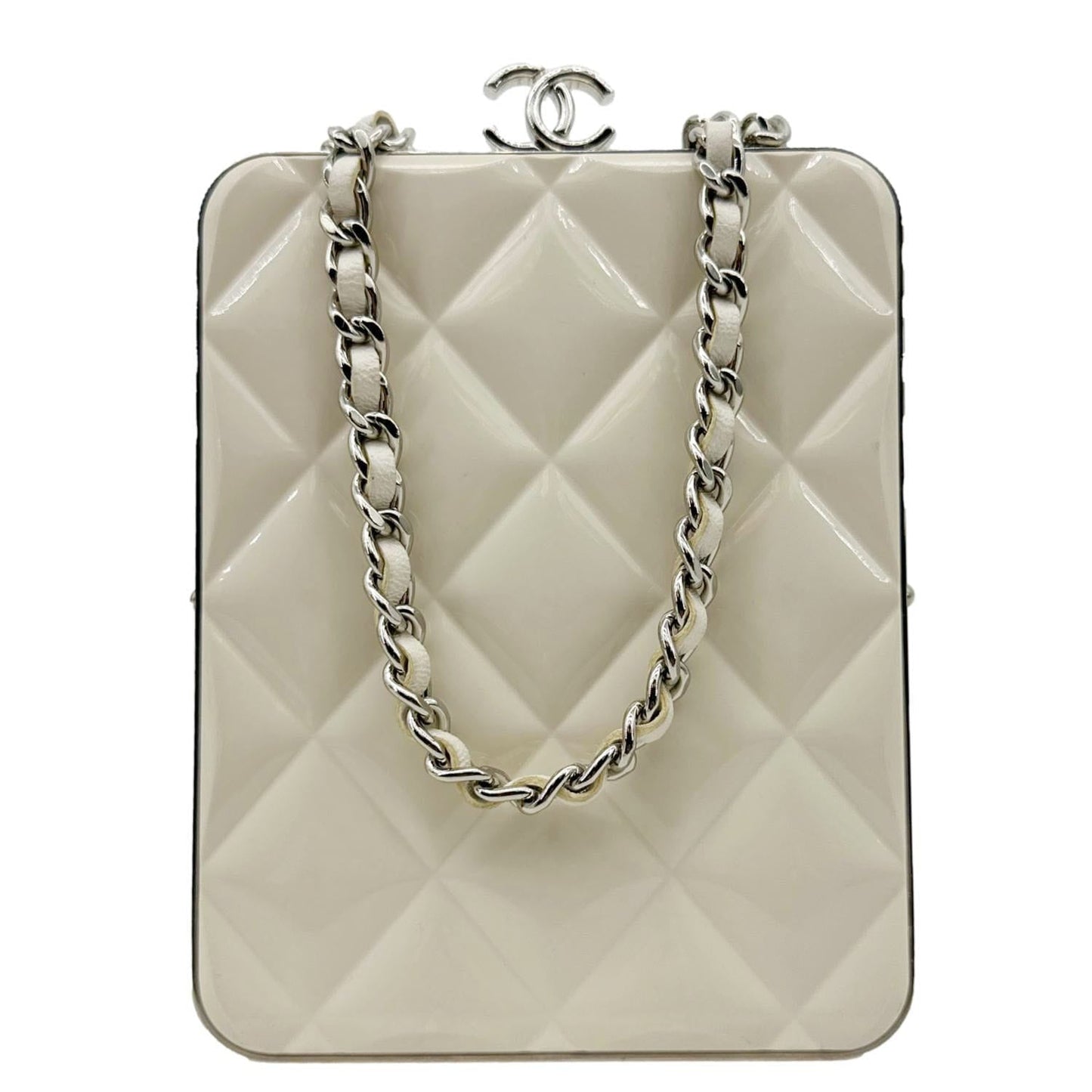 CHANEL Kisslock Logo Plexiglass Quilted Lambskin Leather Clutch With Chain White