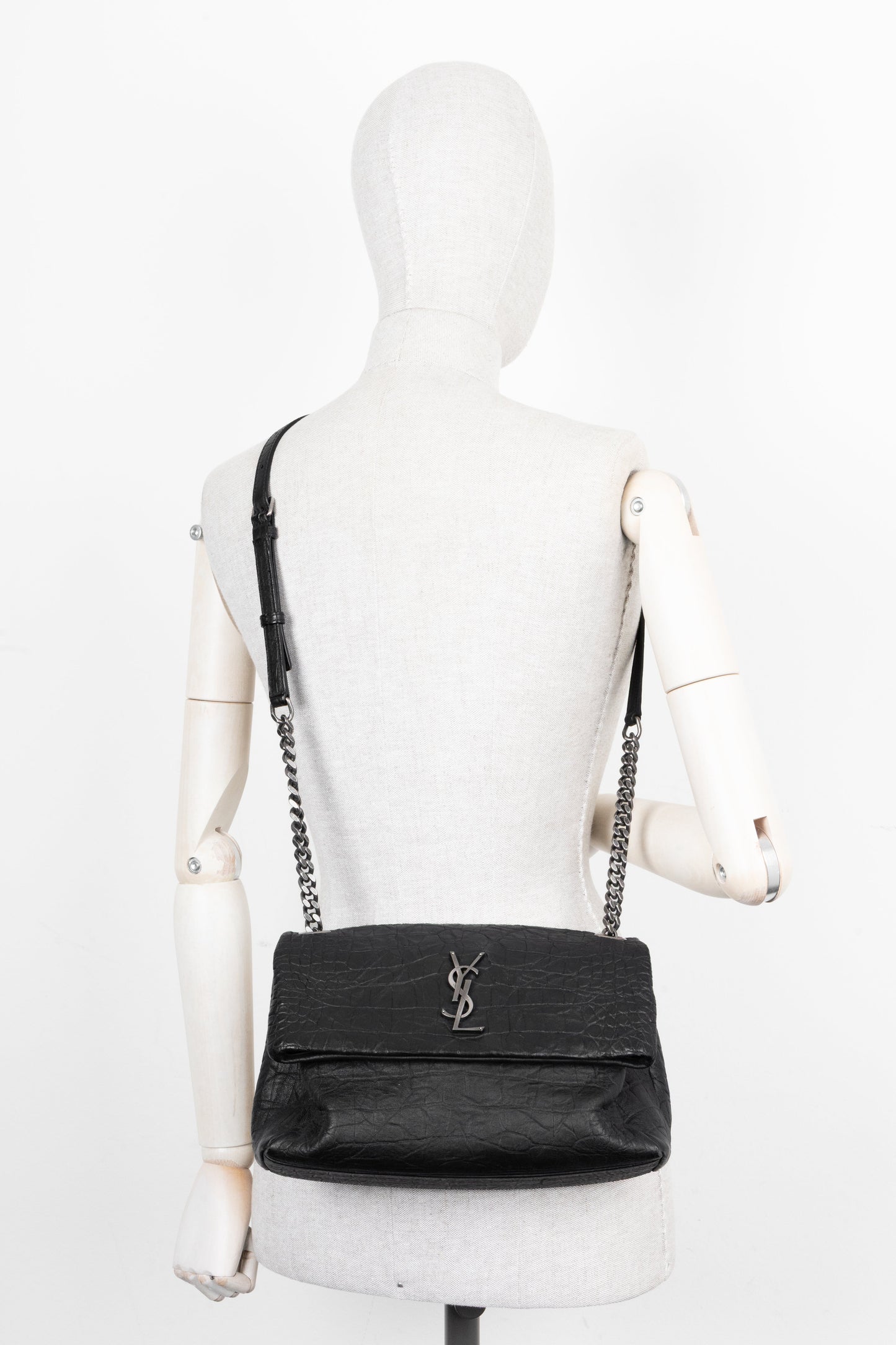 SAINT LAURENT Medium West Hollywood Shoulder Bag Croc Embossed Black