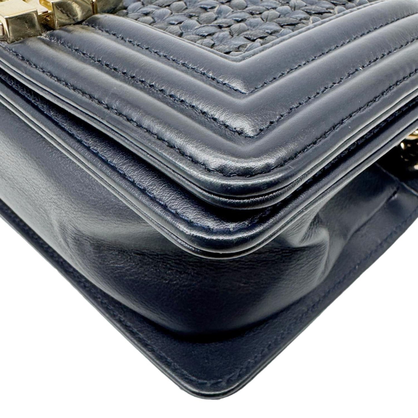 CHANEL Boy Small Braided Leather Shoulder Bag Navy Blue