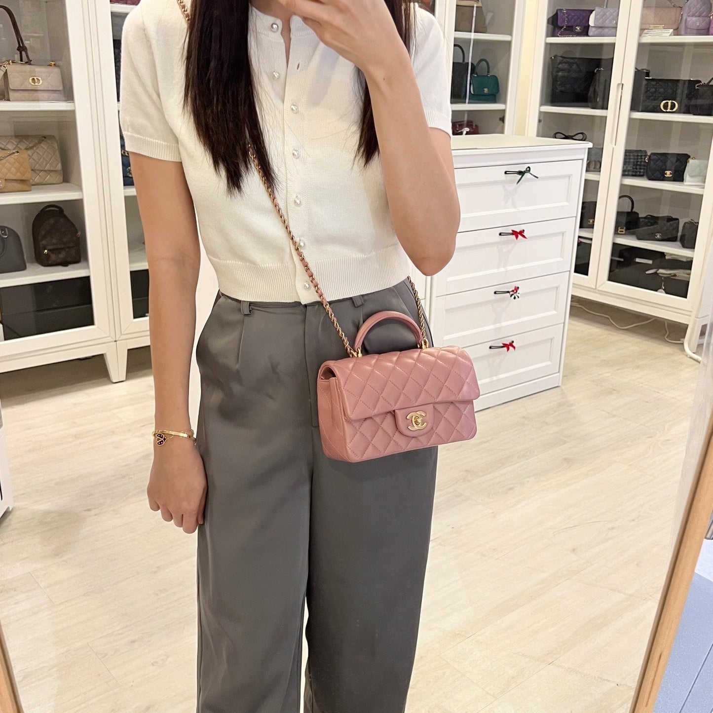 Chanel Top Handle Mini Rectangle Flap in Pink Lambskin AGHW Handbag