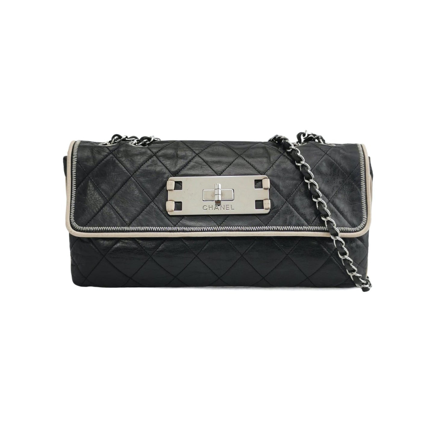 Chanel East West Mademoiselle Flap Bag 2008 Medium Black Leather Shoulder Bag