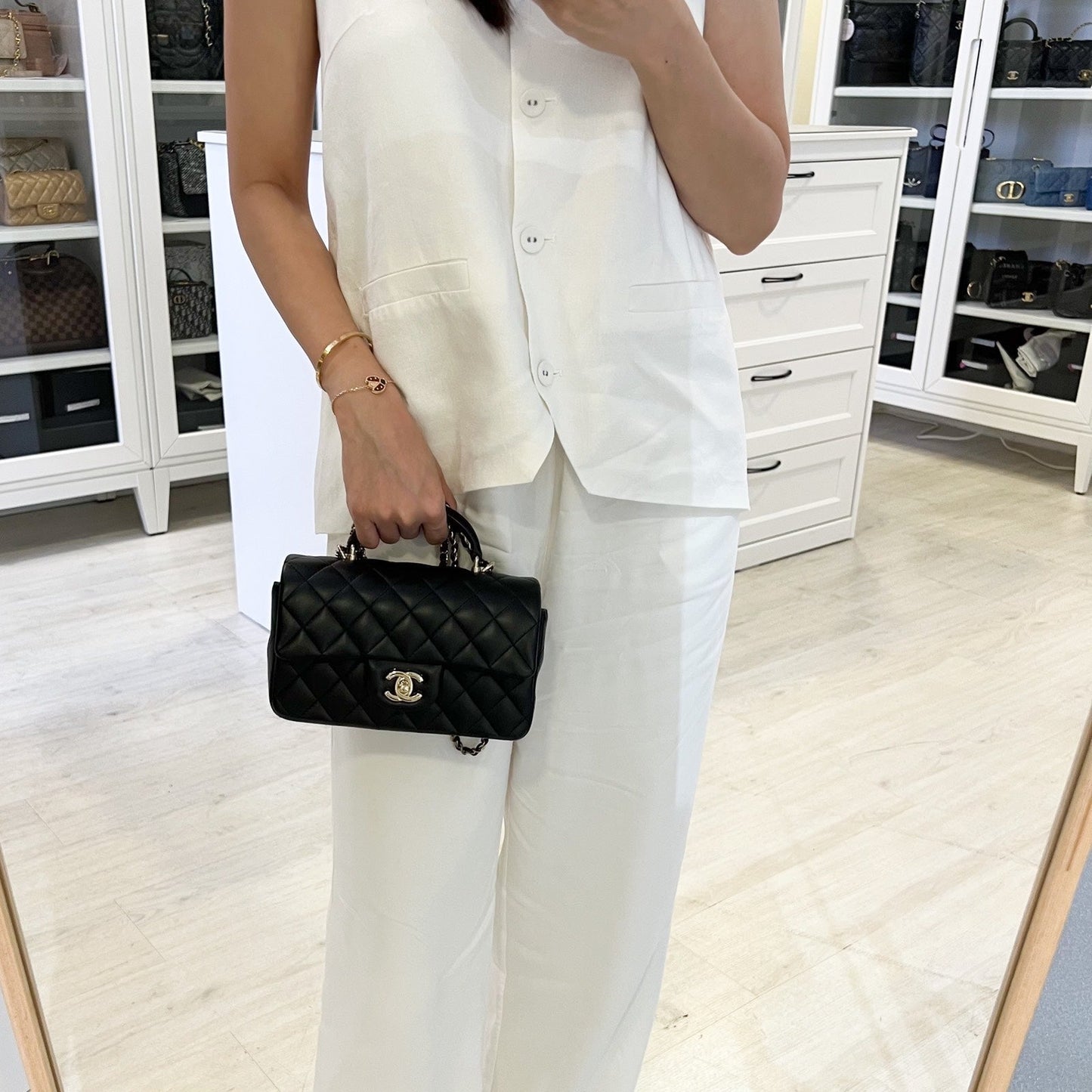 Chanel Classic Top Handle Mini Rectangle Flap in Black Lambskin and LGHW (Model: AS2431) Handbag