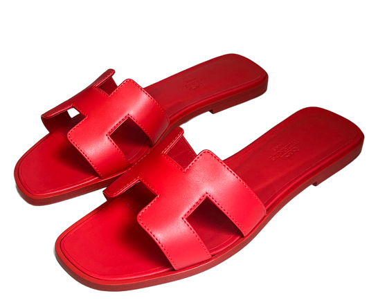Hermes Oran Calfskin Leather Sandals, Coquelicot