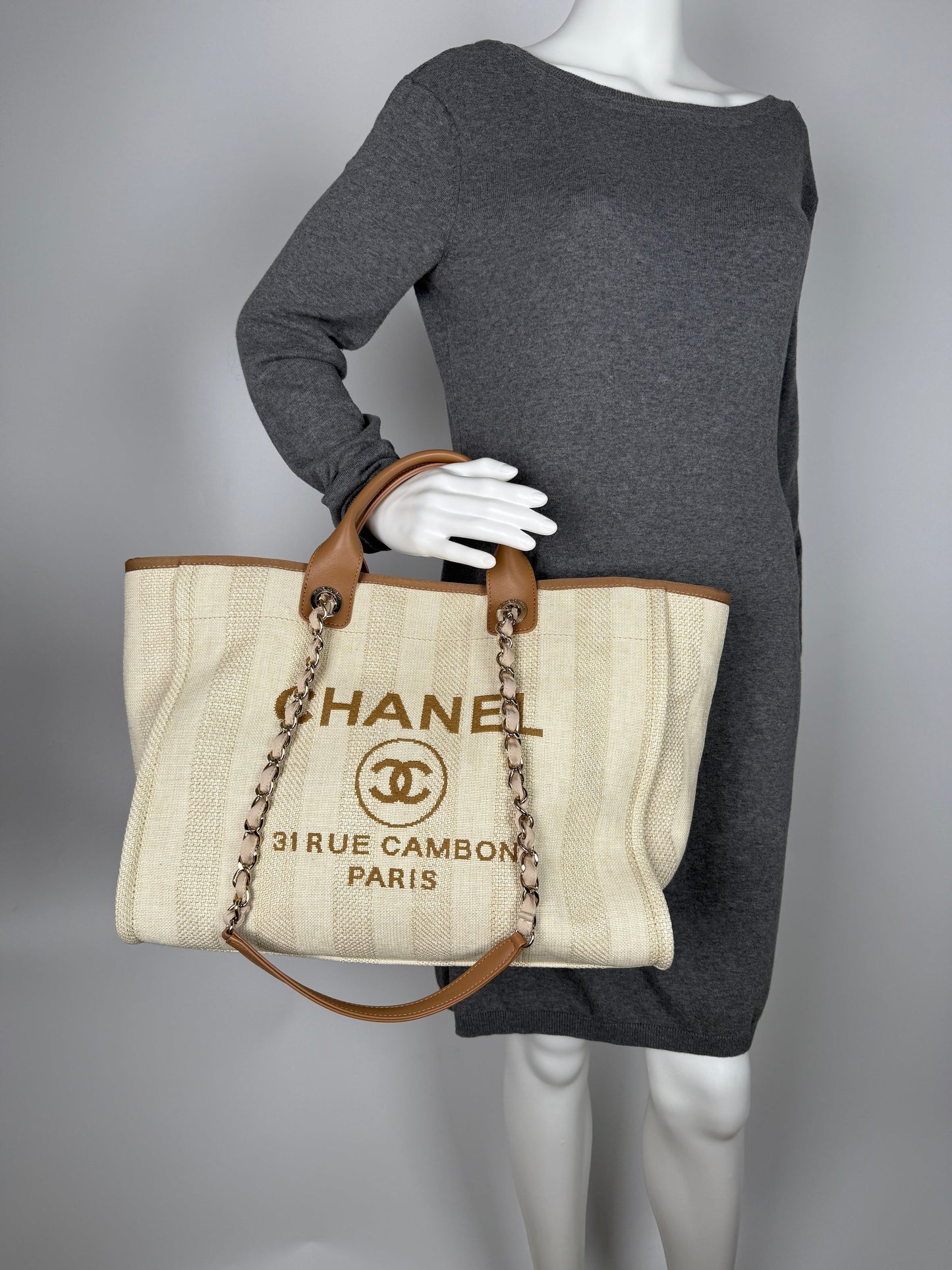 CHANEL Deauville Striped Medium Straw Raffia Beige Tan Shopping Tote