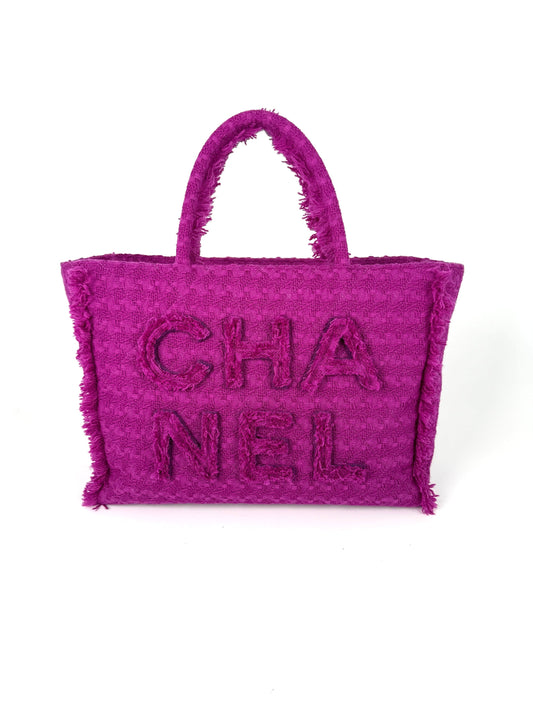 CHANEL Wool Tweed Giant Logo Pink Zip Shopping Tote