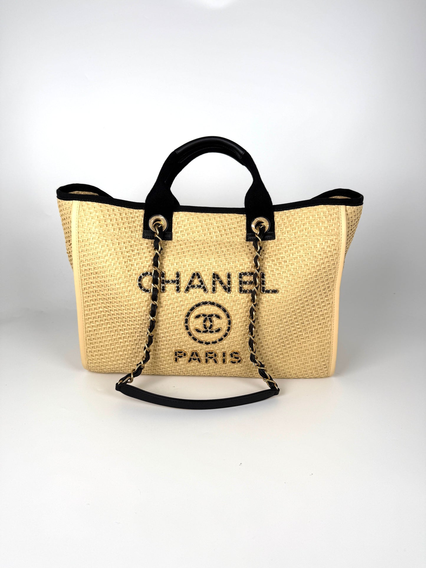 CHANEL Deauville Straw Raffia Calfskin Beige Medium Shopping Tote