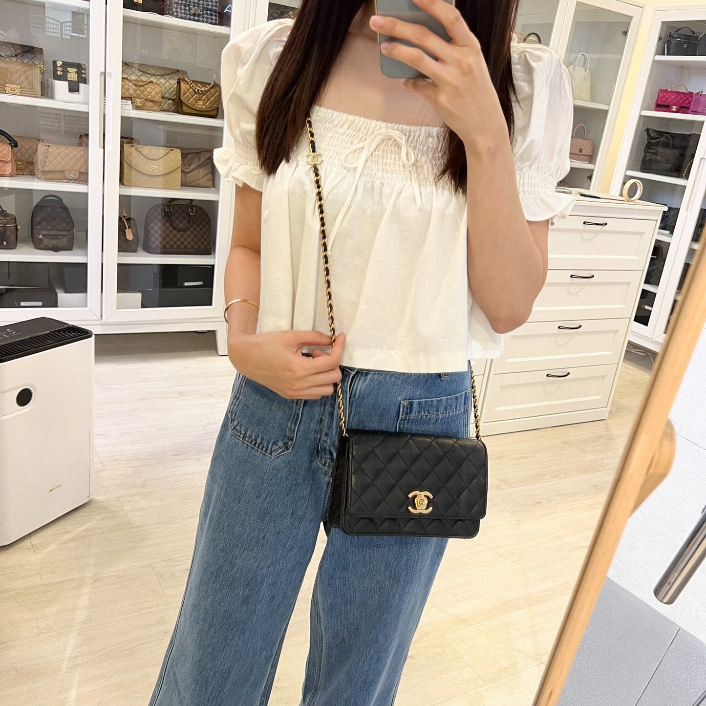 Chanel 23K Camellia Flower Wallet on Chain WOC in Black Caviar and AGHW (AP3580) Crossbody