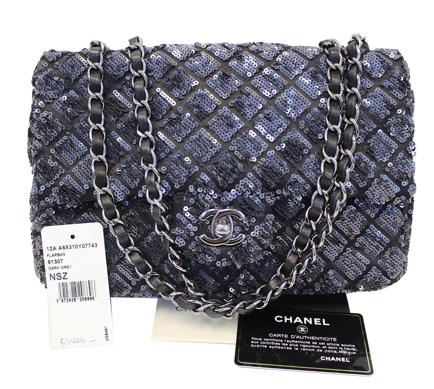 CHANEL Navy Blue/Dark Grey Sequin Flap Shoulder Bag Limited Edition
