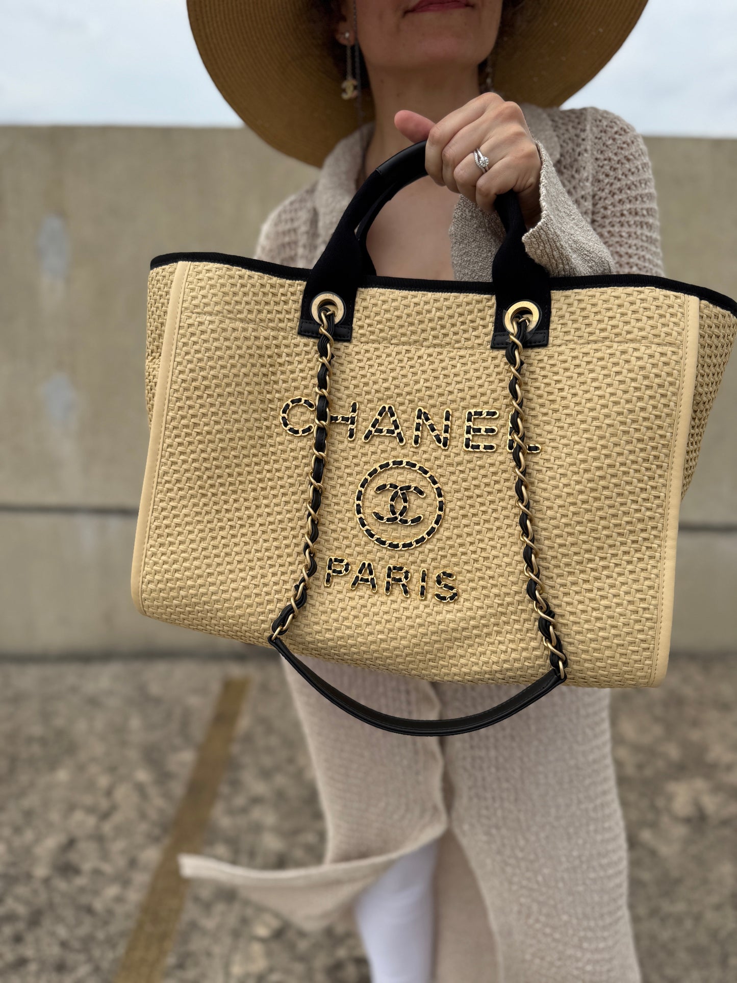 CHANEL Deauville Straw Raffia Calfskin Beige Medium Shopping Tote