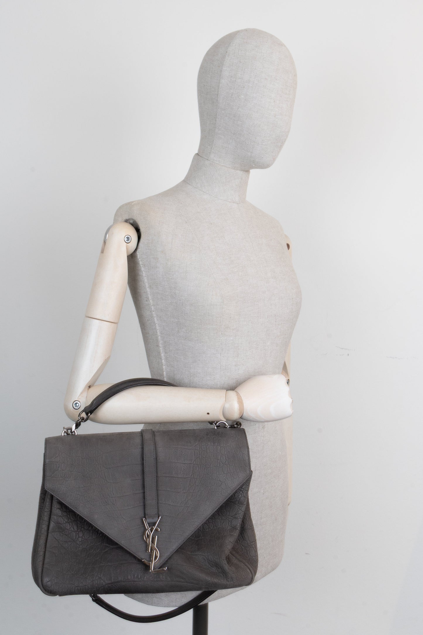 SAINT LAURENT Croc Embossed College Bag Grey
