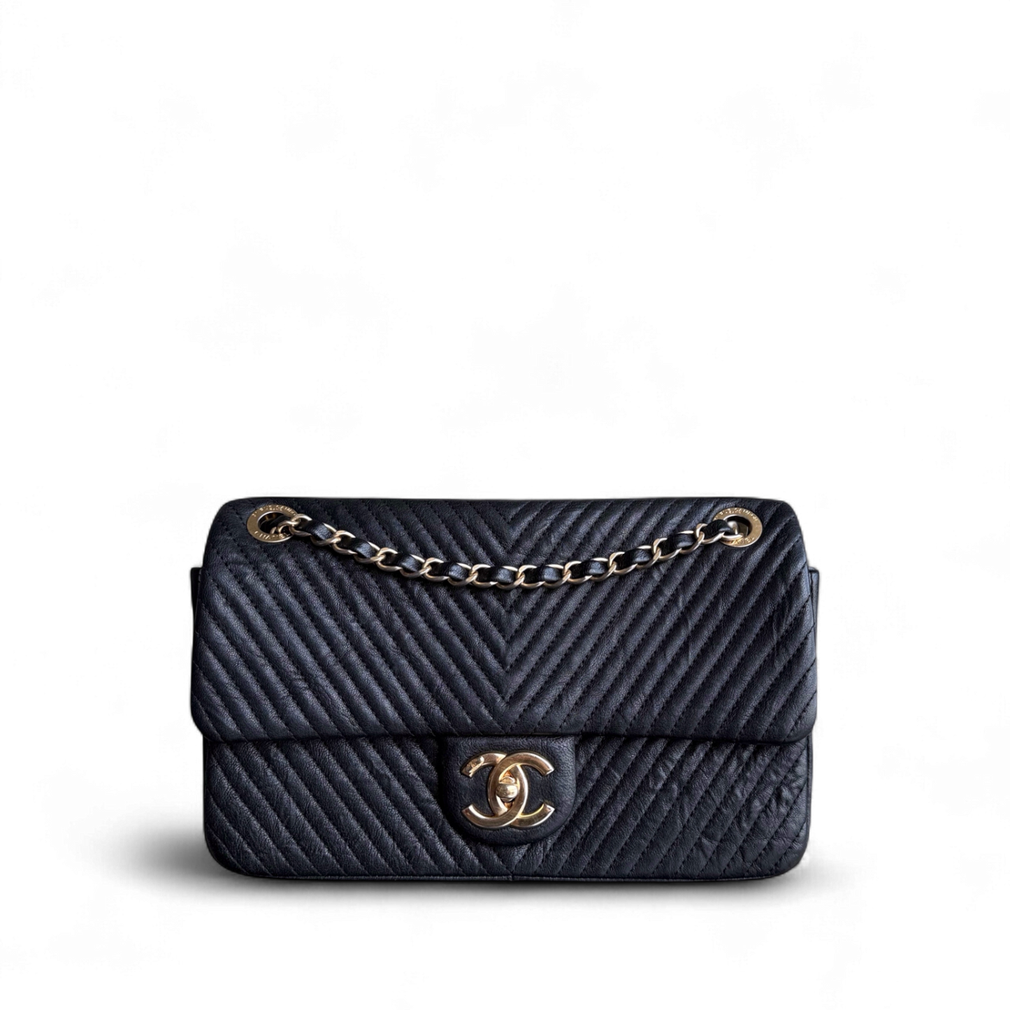Chanel Seasonal Flap - Chevron Surpique CC Herringbone Medallion Calfskin Flap Black Gold Hardware