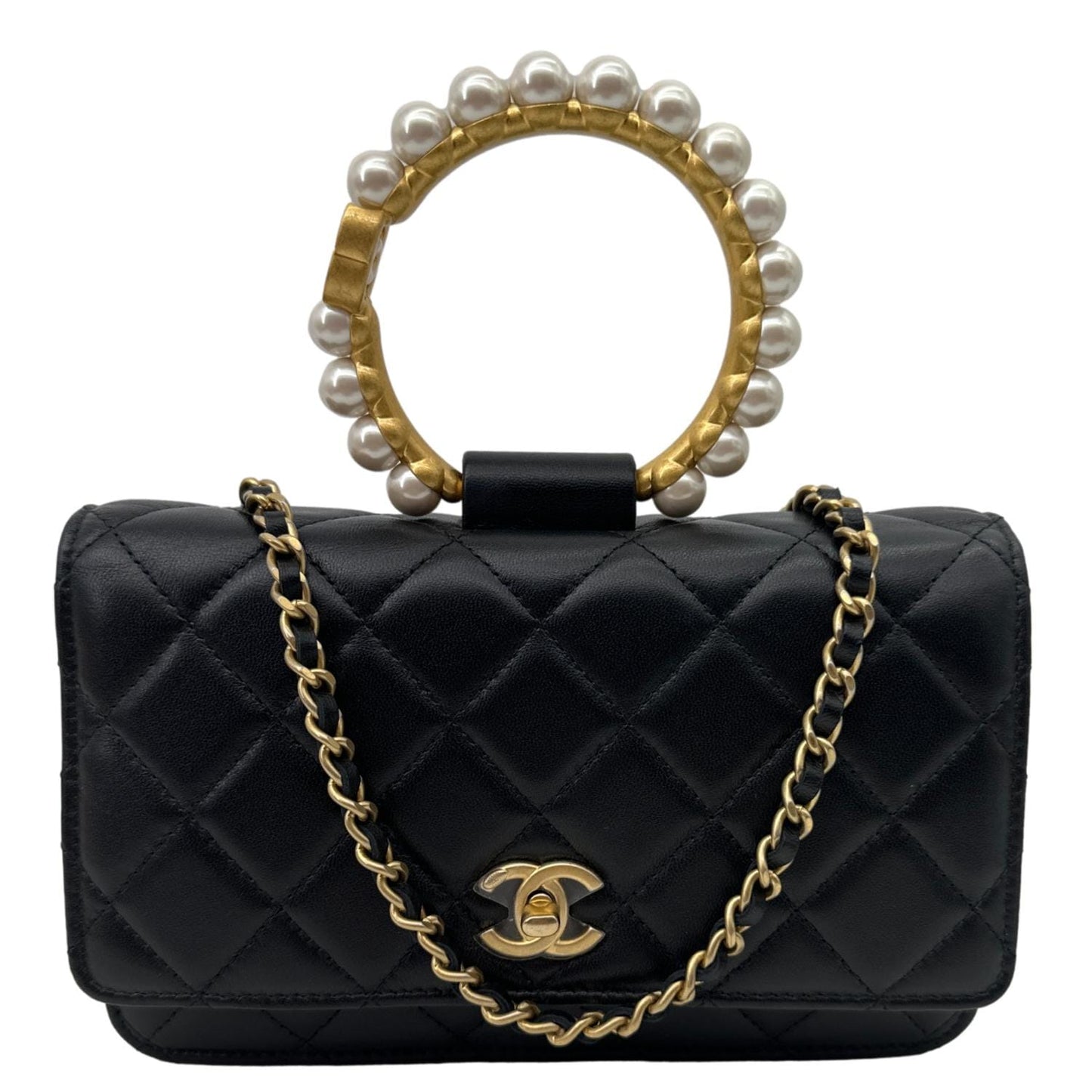 CHANEL Pearl Crown Quilted Lambskin Leather Wallet On Chain Black