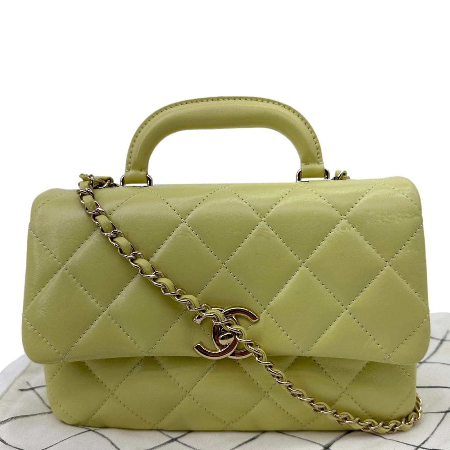 CHANEL Flap Mini Quilted Lambskin Leather Top Handle Crossbody Bag Yellow