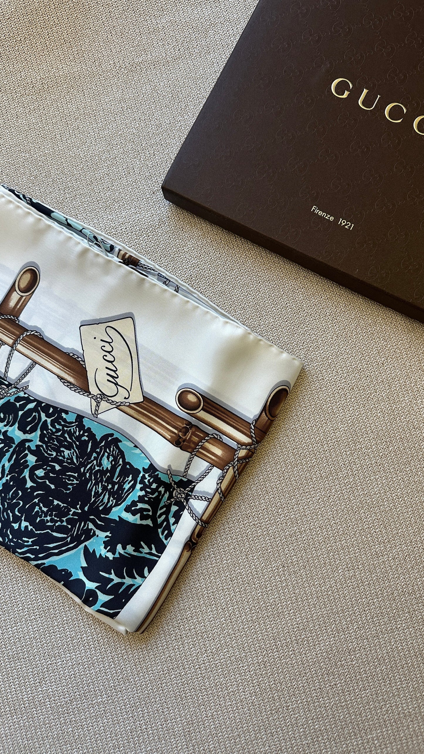 GUCCI Silk Scarf White Blue