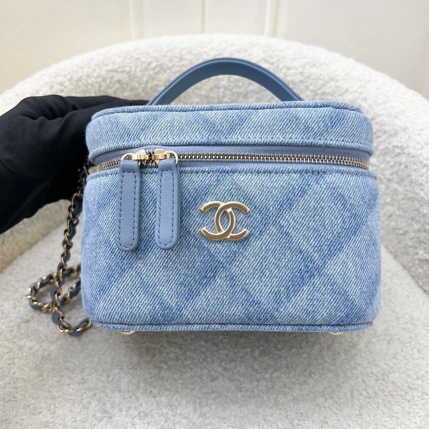 Chanel 22B Cheer for Chanel Vanity Case with Top Handle in Light Blue Fabric and LGHW (Model: AS3171) Handbag