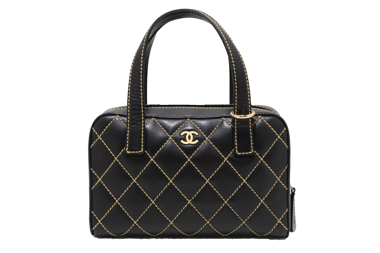 Chanel Black Calfskin Leather Contrast Stitch Surpique Bowler Bag
