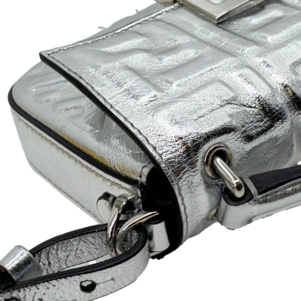 FENDI Baguette Zucca Embossed Leather Crossbody Bag Metallic Silver
