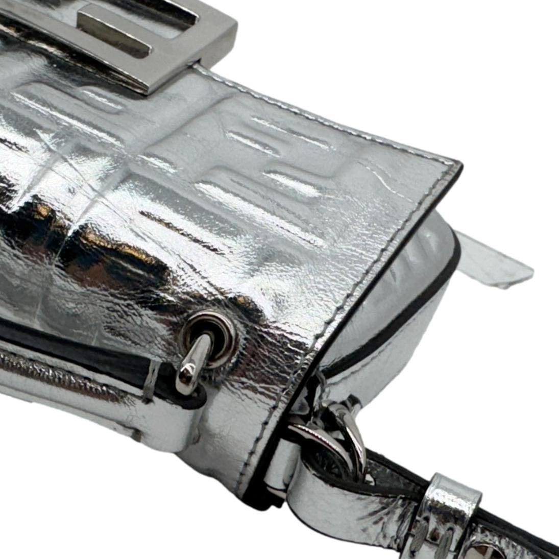 FENDI Baguette Zucca Embossed Leather Crossbody Bag Metallic Silver
