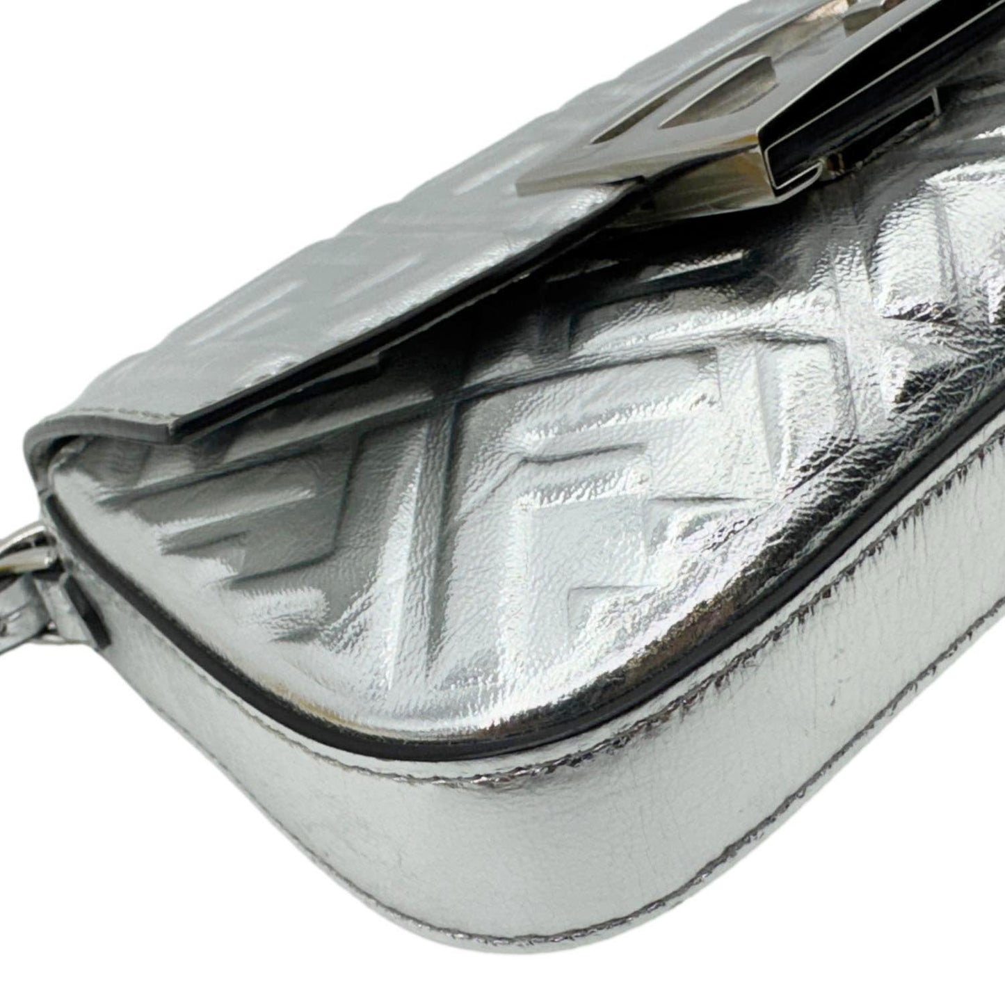 FENDI Baguette Zucca Embossed Leather Crossbody Bag Metallic Silver