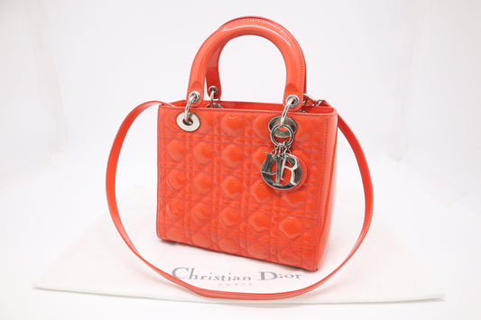 Dior Lady Dior Medium in Orange Cannage Patent Leather