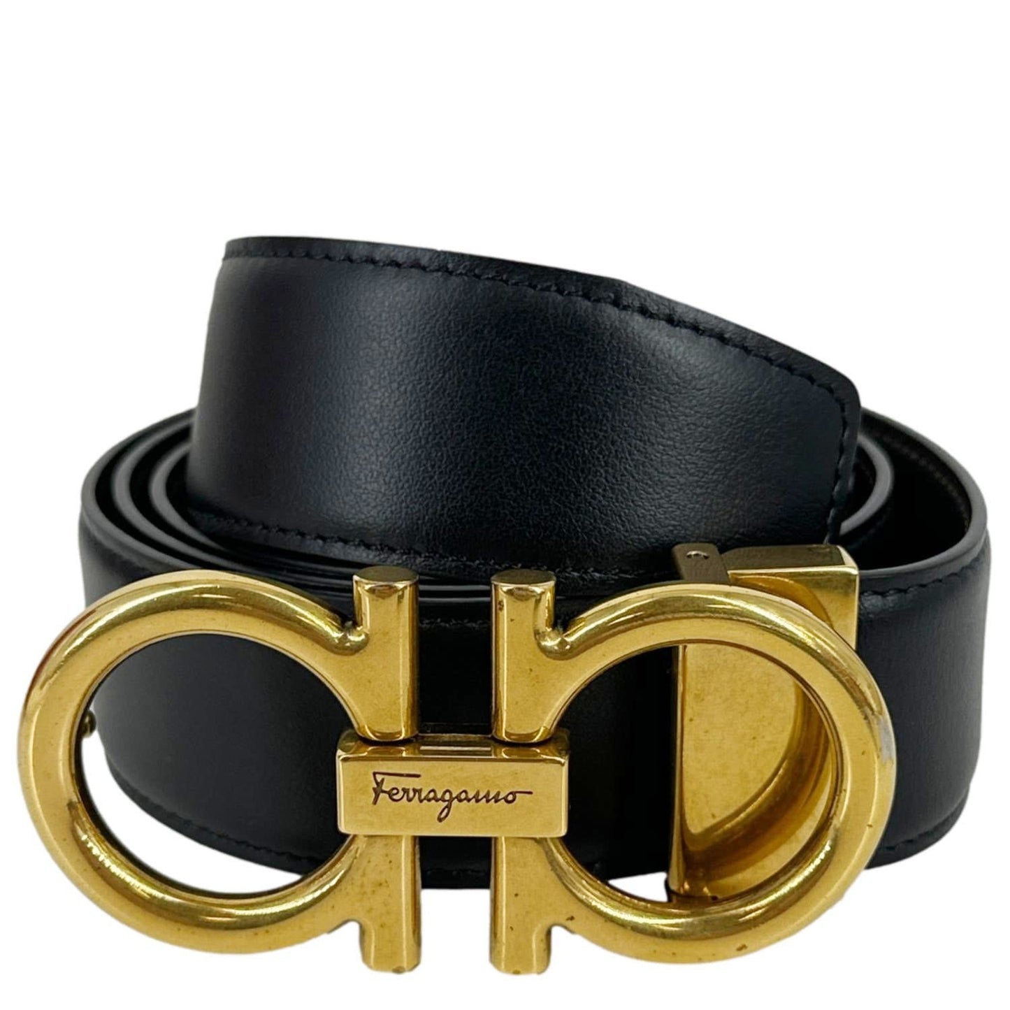 SALVATORE FERRAGAMO Gancini Buckle Leather Belt Black