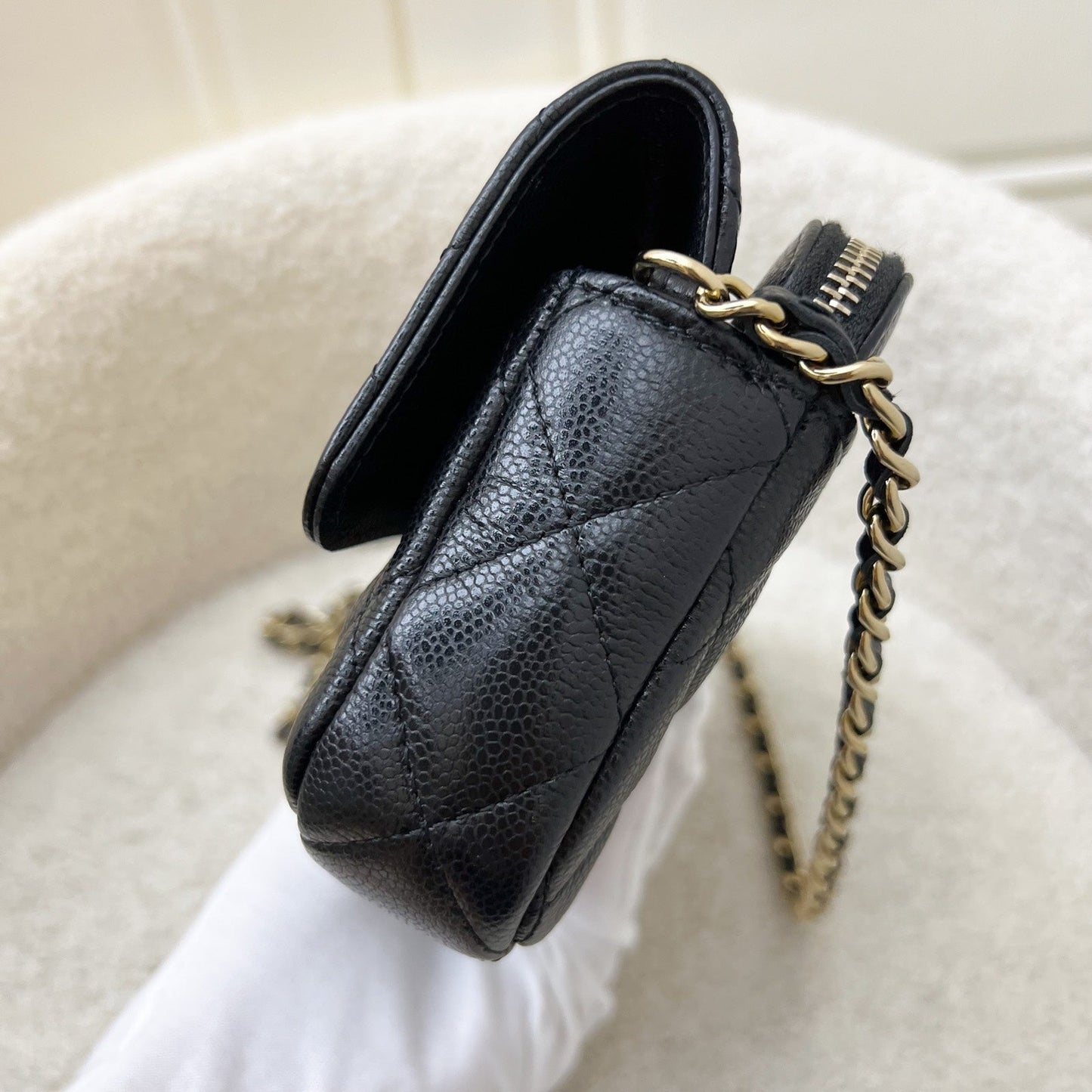 Chanel Phone Holder / Wallet On Chain WOC in Black Caviar and LGHW (Model: AP2096) Crossbody