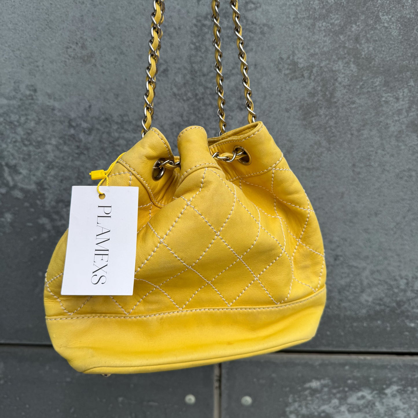 Chanel Yellow Lambskin Bucket Bag With Contrast Stitching And Drawstring, 2005-2006