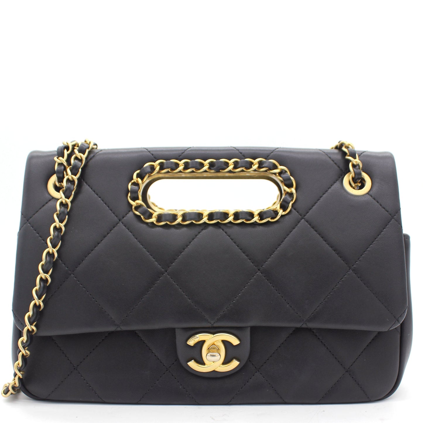 Chanel Black Quilted Smooth Calfskin Leather Jumbo Chain Detail Handle Flap Bag